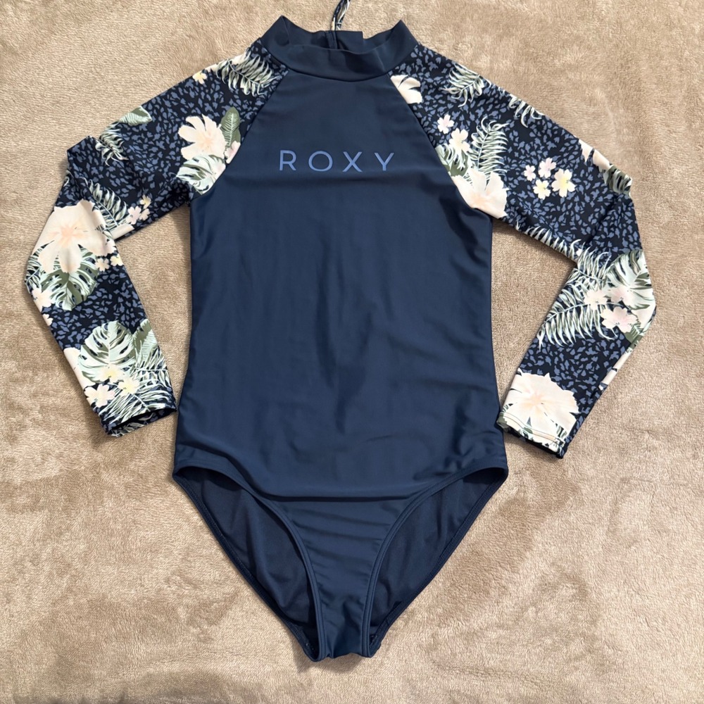 Roxy Girls Navy Blue Floral Long Sleeve One Piece Rash Guard Swimsuit Size 12 L